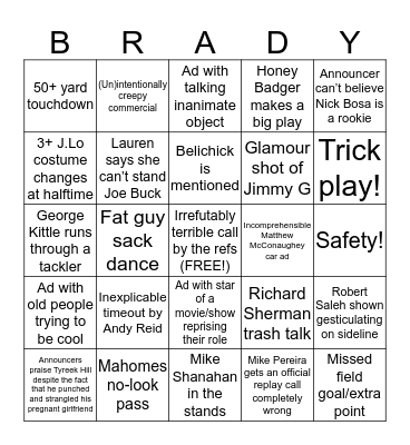 Super Bowl 2020 Bingo Card