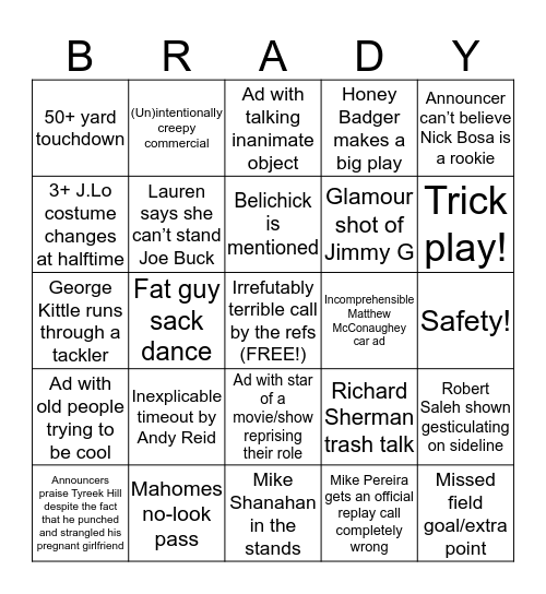 Super Bowl 2020 Bingo Card