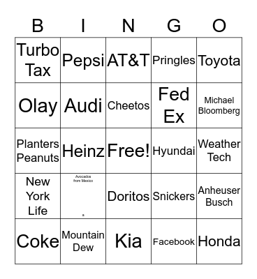 Super Bowl Commercials Bingo Card