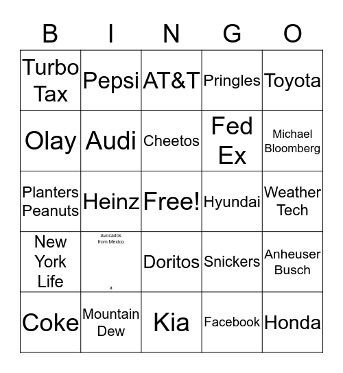 Super Bowl Commercials Bingo Card