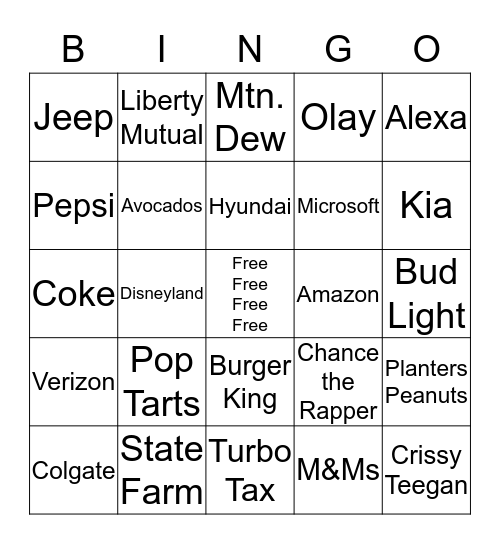 Super Bowl Bingo Card