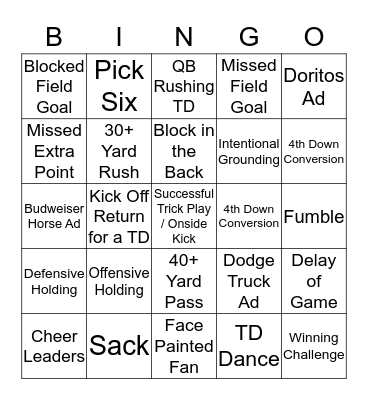 SUPER BOWL 2020 Bingo Card