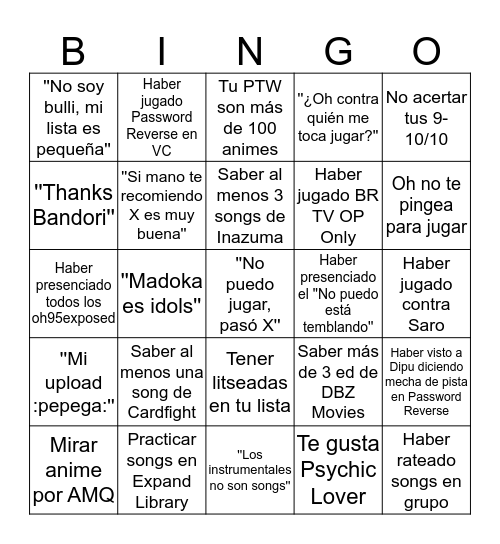 Oh's Friends Bingo Card