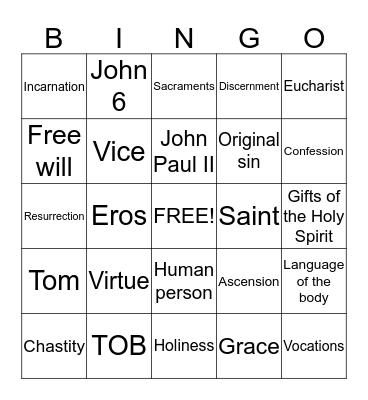 Confirmation Bingo Card