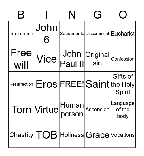 Confirmation Bingo Card