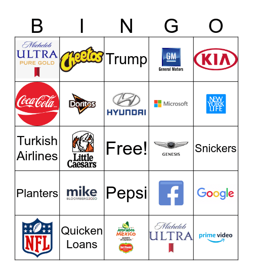 2020 Super Bowl Commercial Bingo Card
