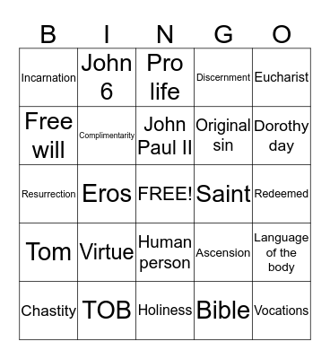 Confirmation Bingo Card