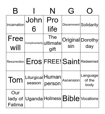 Confirmation Bingo Card