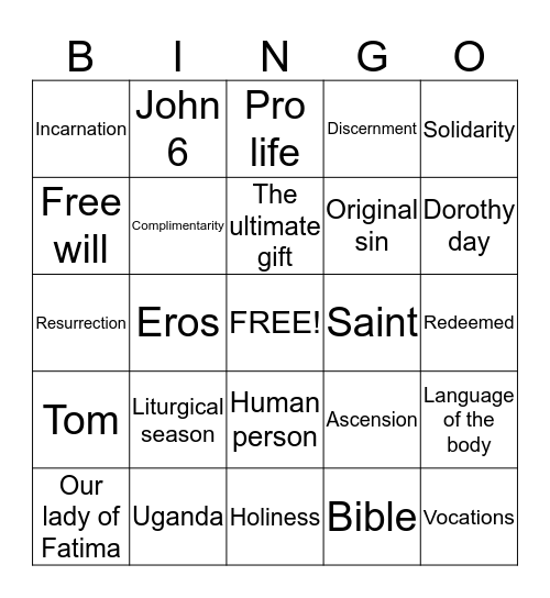 Confirmation Bingo Card
