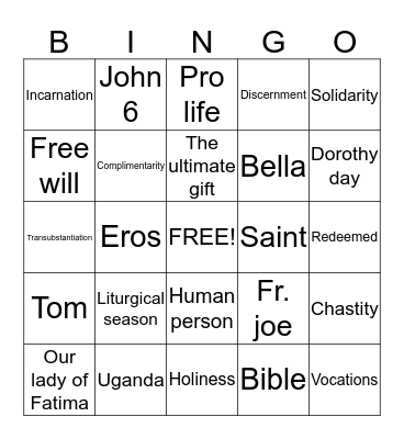 Confirmation Bingo Card