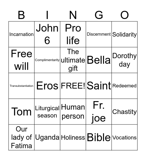 Confirmation Bingo Card