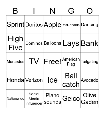 Superbowl Ads Bingo Card