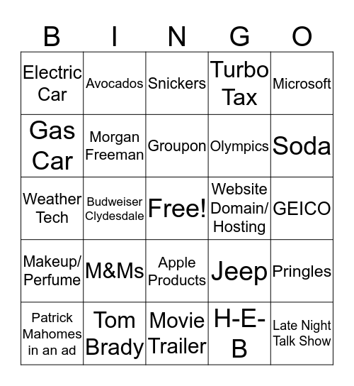 SuperBowl 54 Ad Bingo Card