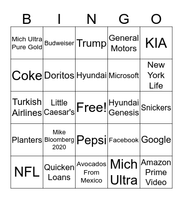 2020 Super Bowl Commercial Bingo Card