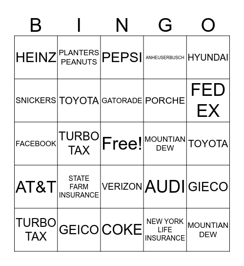 Super Bowl Bingo  Bingo Card