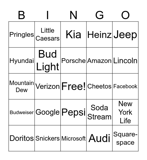 Super Bowl Commerical Bingo Card