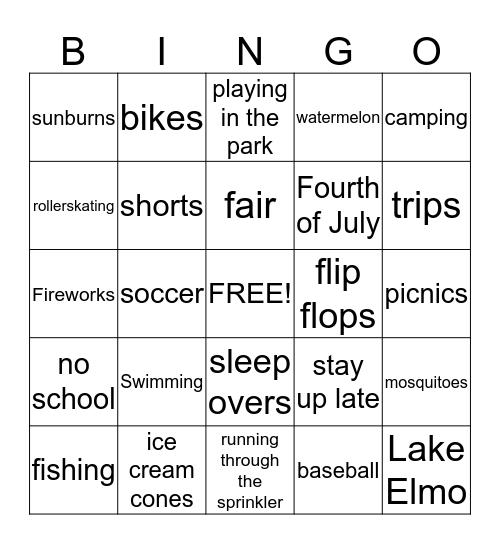 summer time  Bingo Card