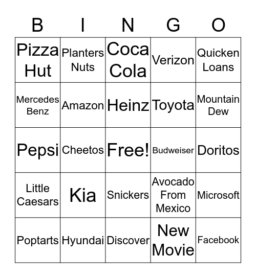 Superbowl 2020 Bingo Card