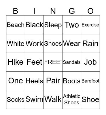 Shoe Vocabulary  Bingo Card