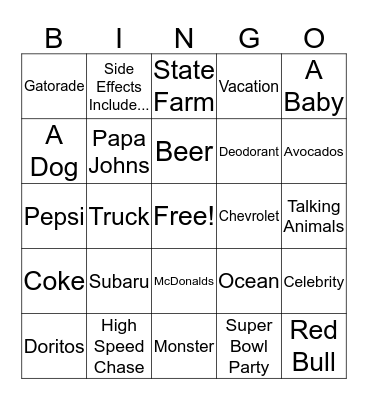 Super Bowl Commercial Bingo 2020 Bingo Card