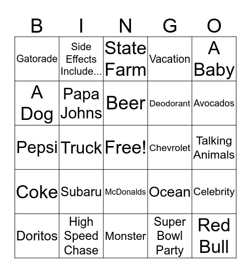 Super Bowl Commercial Bingo 2020 Bingo Card