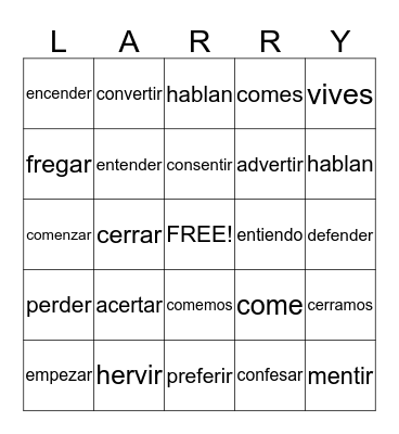 Stem Changing/Boot Verbs Bingo Card