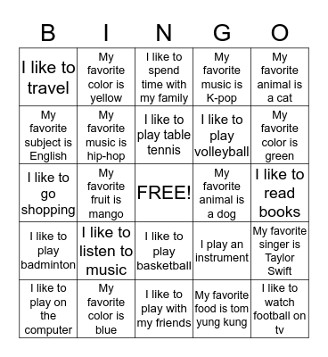 Favorites Bingo Card