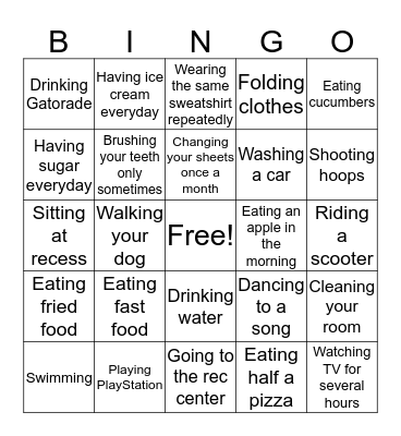 Healthy vs. Unhealthy Choices Bingo Card