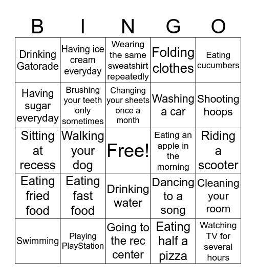 Healthy vs. Unhealthy Choices Bingo Card