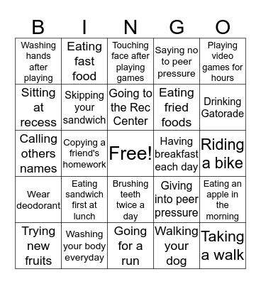 Healthy vs. Unhealthy Choices Bingo Card