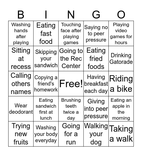 Healthy vs. Unhealthy Choices Bingo Card