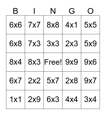 Multiplication BINGO 1-9 Bingo Card