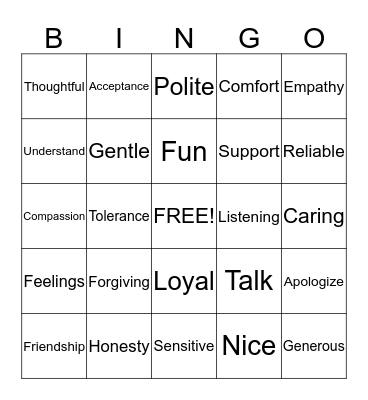 Friendship Word Bingo Card