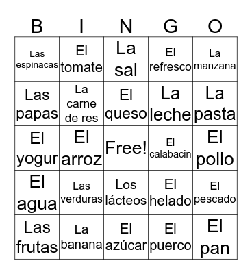 Comidas en Español Bingo Card
