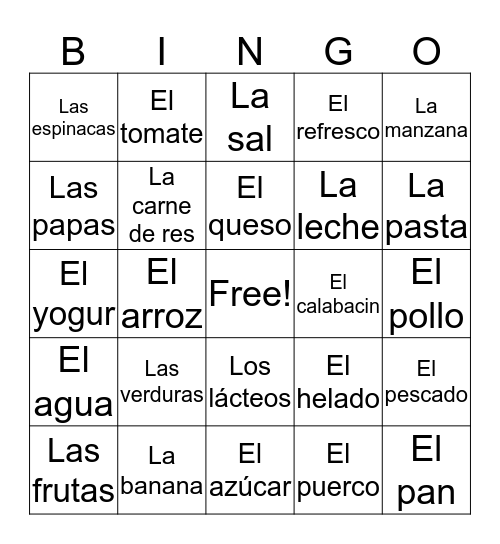 Comidas en Español Bingo Card