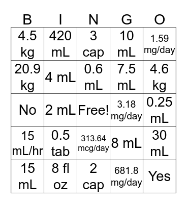 Med Math Bingo Card