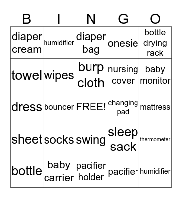 Lacey's Baby Shower Bingo Card