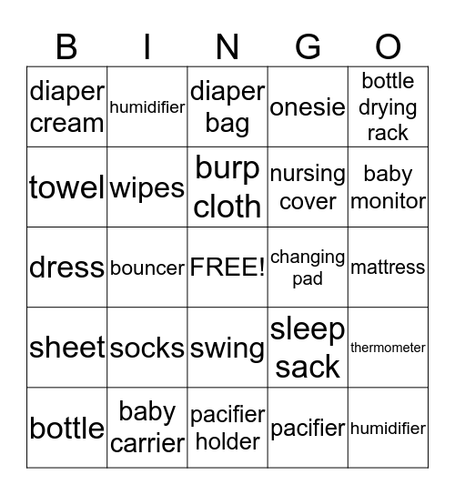 Lacey's Baby Shower Bingo Card