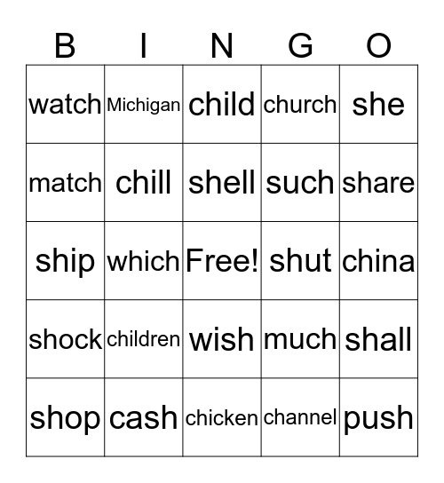 /ch/ & /sh/ Bingo Card