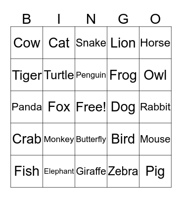 Animal Bingo Card