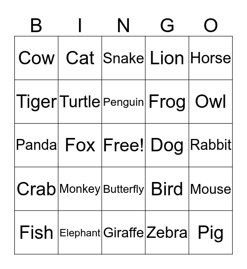 Animal Bingo Card