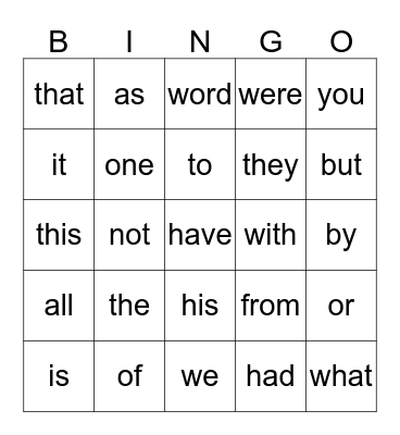 sight words  Bingo Card