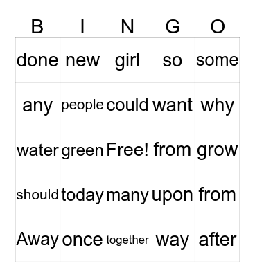 Sight Words  Bingo Card