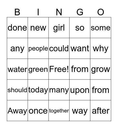 Sight Words  Bingo Card