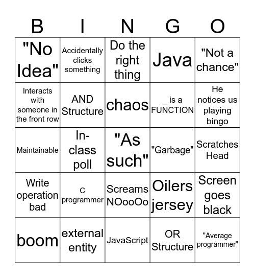 ECE 421 round 2 Bingo Card