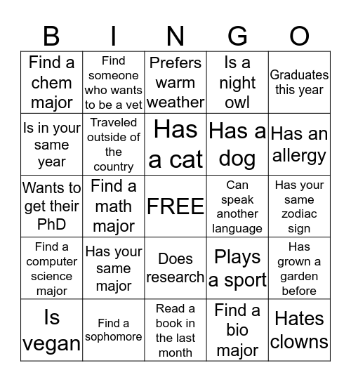 DISE Find a Friend BINGO Card