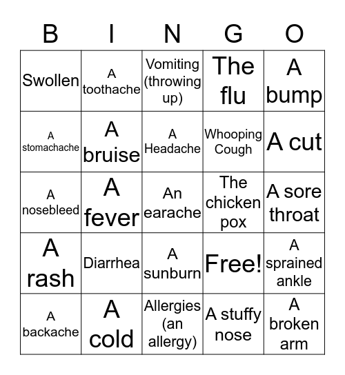 Level 4 - I am Sick! Bingo Card