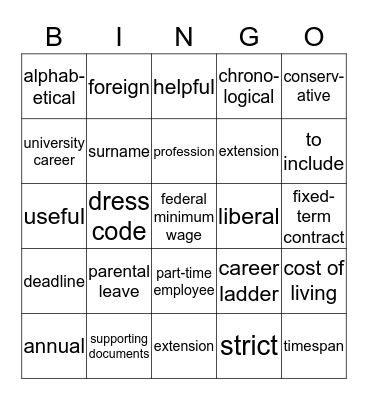 Vocabulary Review Bingo Card