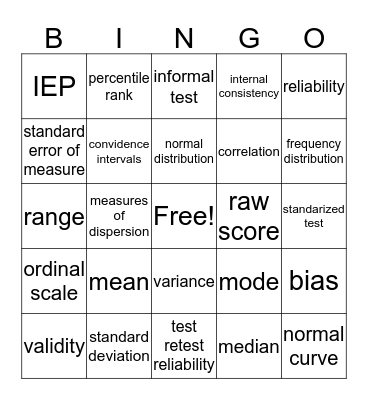 Statistical Definitions Bingo Card