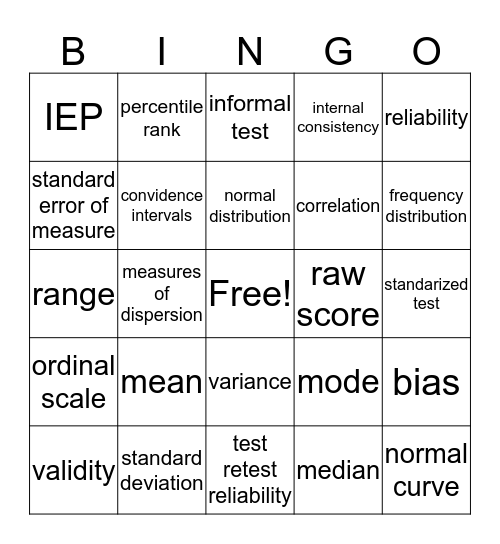 Statistical Definitions Bingo Card